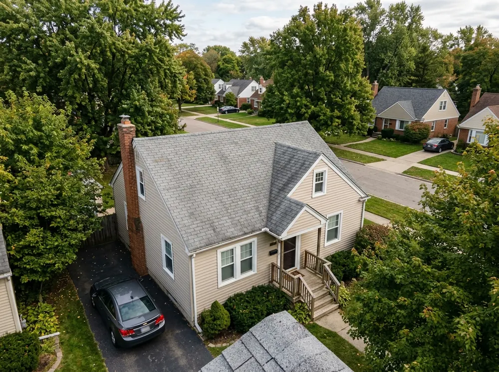 Small bungalow with a flat-looking gray three-tab asphalt shingle roof and evenly spaced tab slots