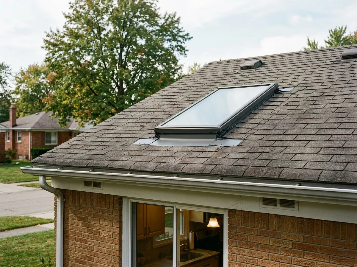 Fixed skylight set into an asphalt shingle roof above a kitchen, with factory step flashing around the frame
