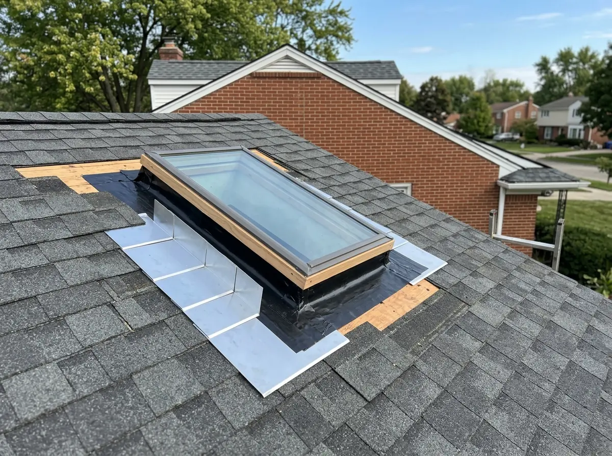 New metal step flashing kit and adhesive underlayment collar around a skylight frame on a shingle roof