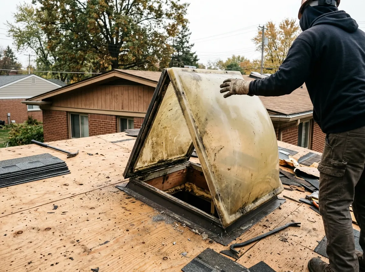 Old plastic dome skylight being lifted out of an open roof deck during a shingle tear-off
