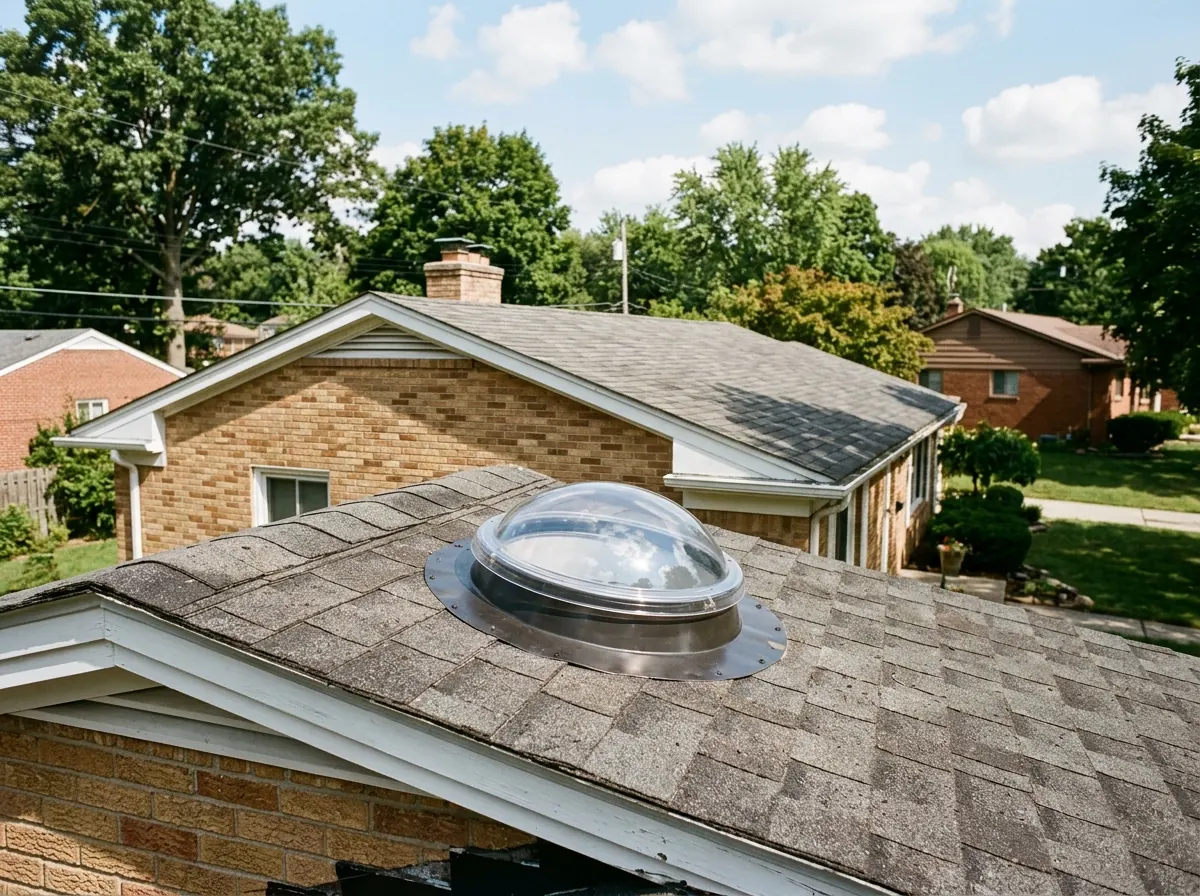 Clear acrylic sun tunnel dome on an asphalt shingle roof with its round flashing base