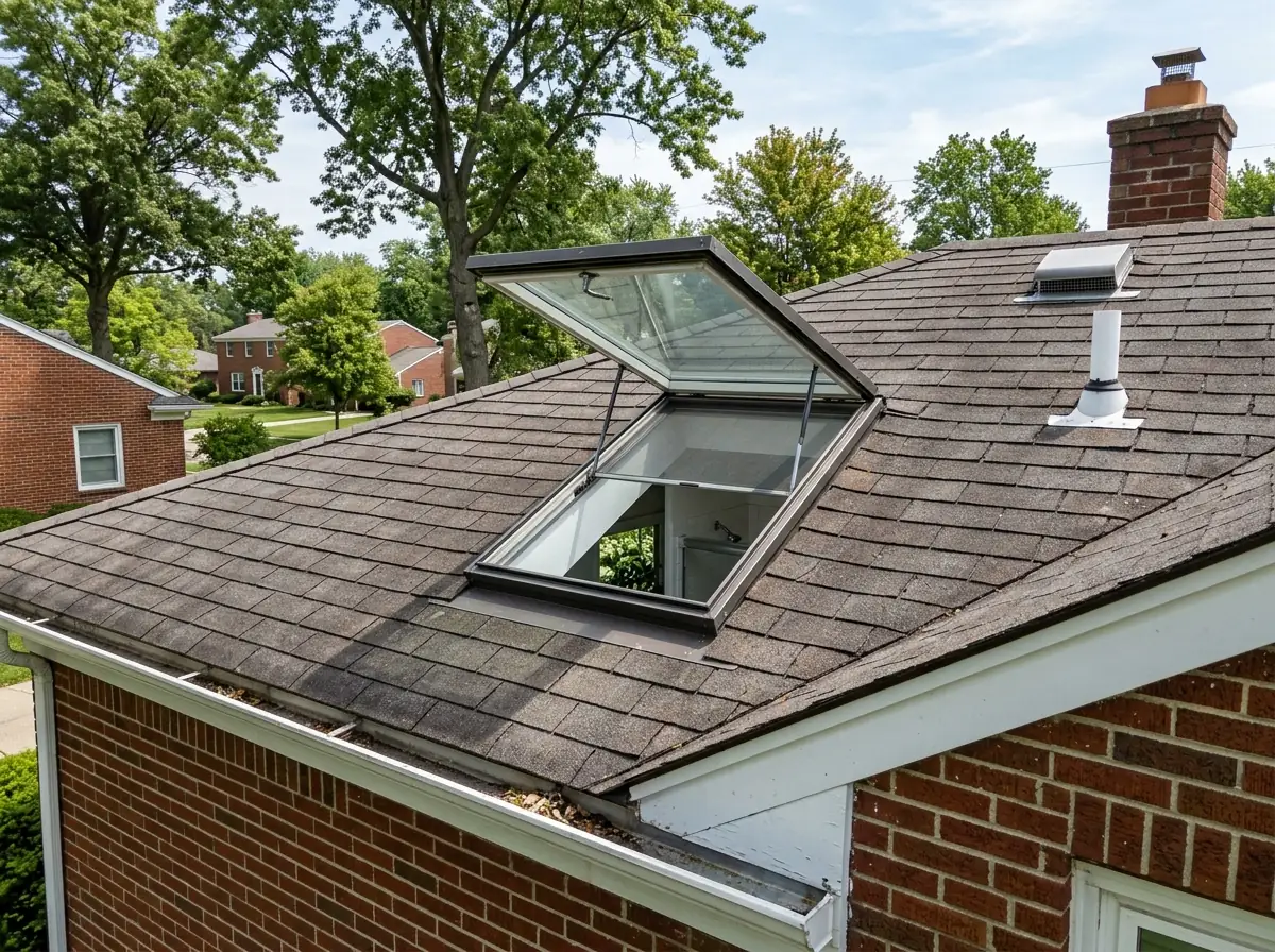 Venting skylight propped open on a shingle roof above a bathroom