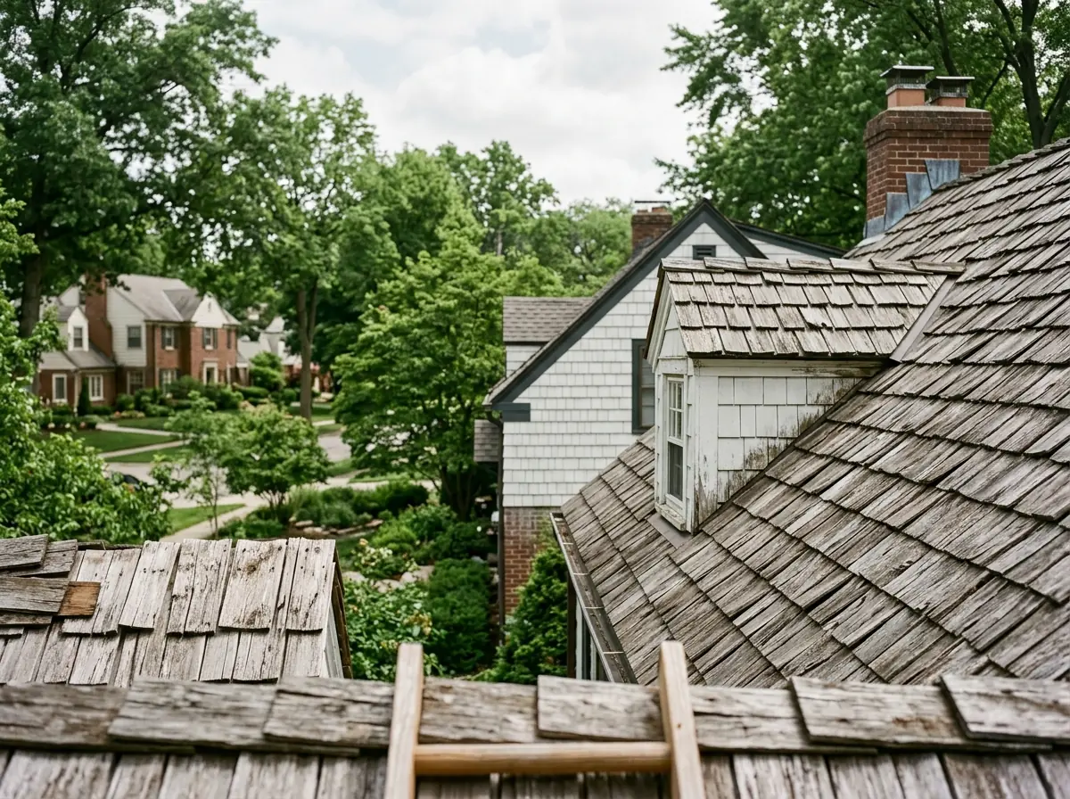 Weathered silver-brown cedar shake roof with split, textured butts on a Cape Cod house