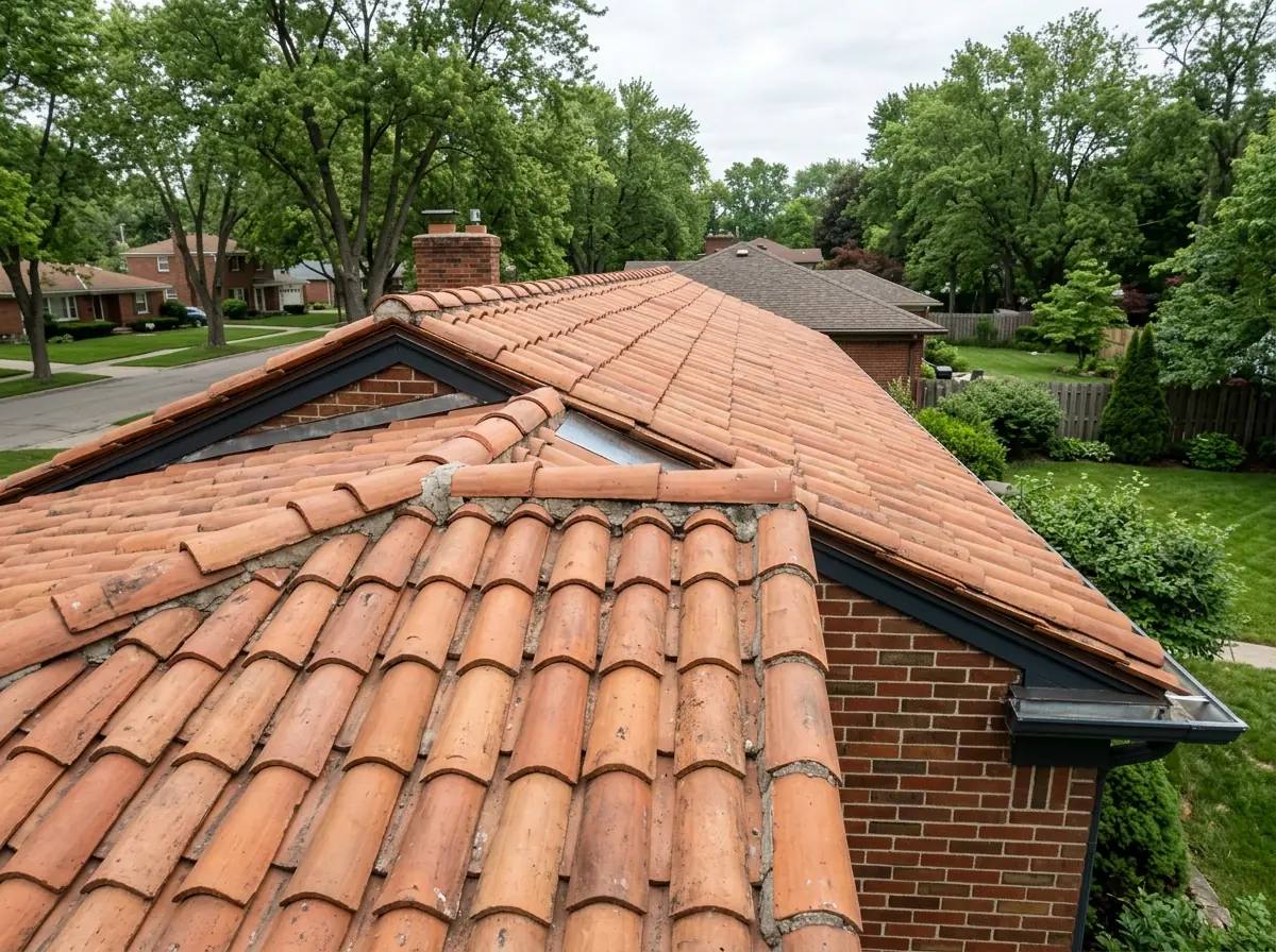 Terracotta clay tile ridge and barrel tiles on a hip roof