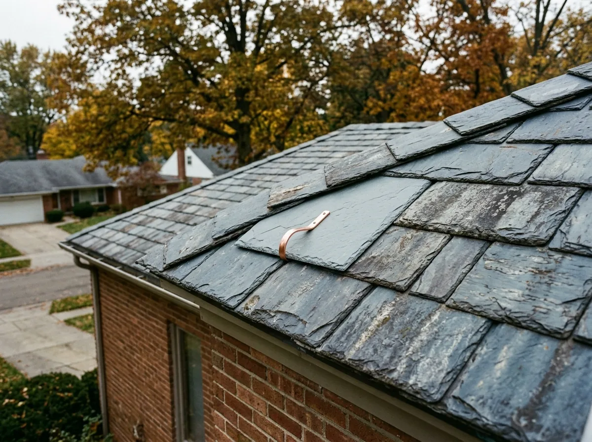 Slate hook holding a replacement slate in place among older gray slates