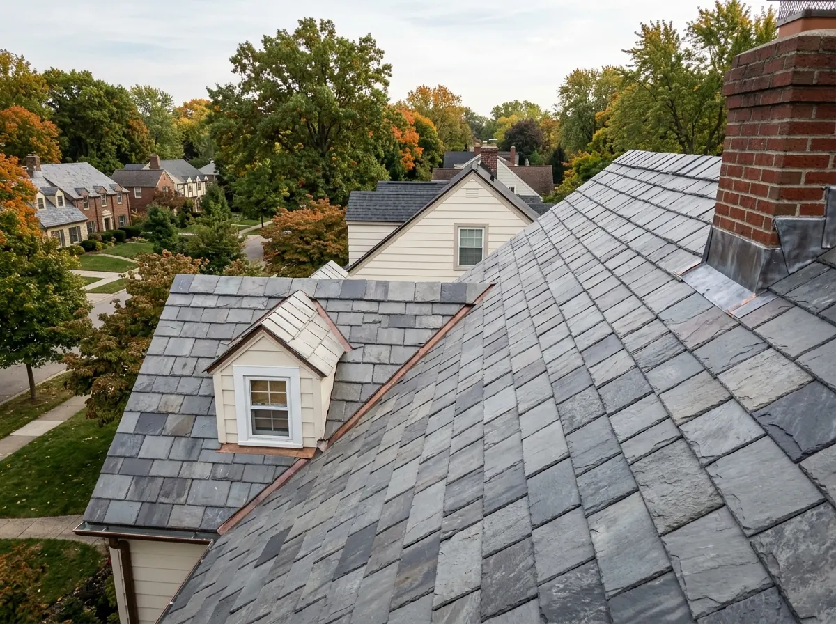 Composite synthetic slate tiles in varied gray tones on a colonial roof