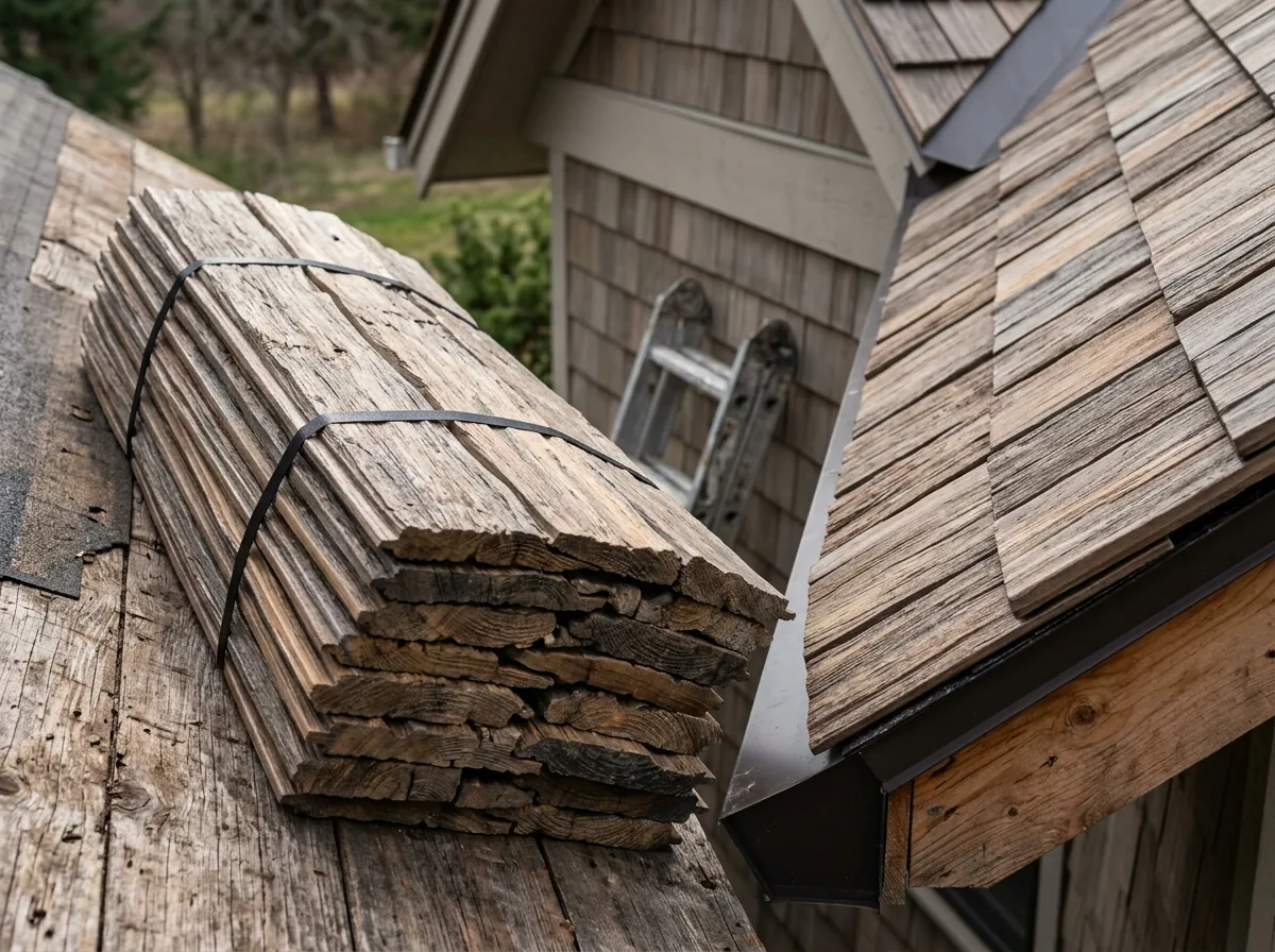 Bundle of synthetic cedar shake panels with wood-grain texture beside a roof edge