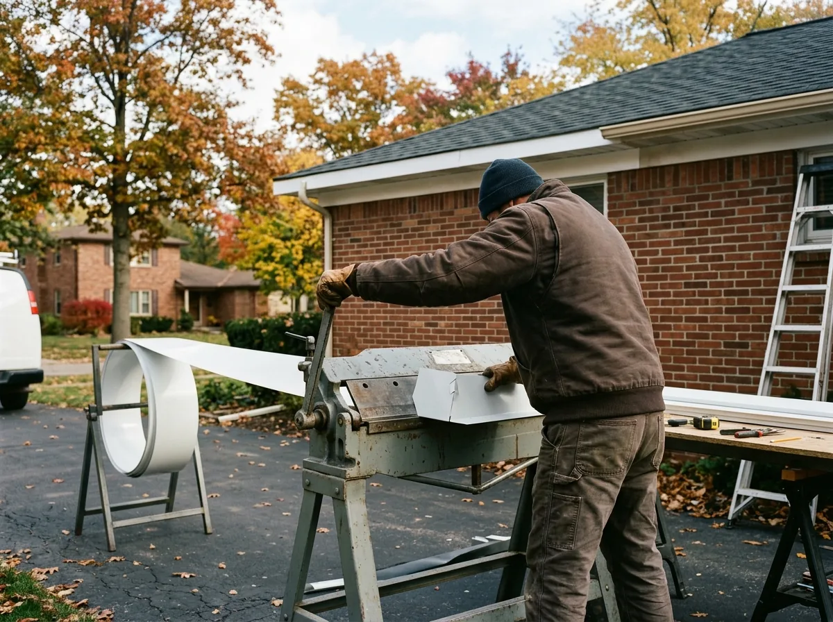 Roofer bending white aluminum coil stock on a portable sheet-metal brake to wrap a fascia board