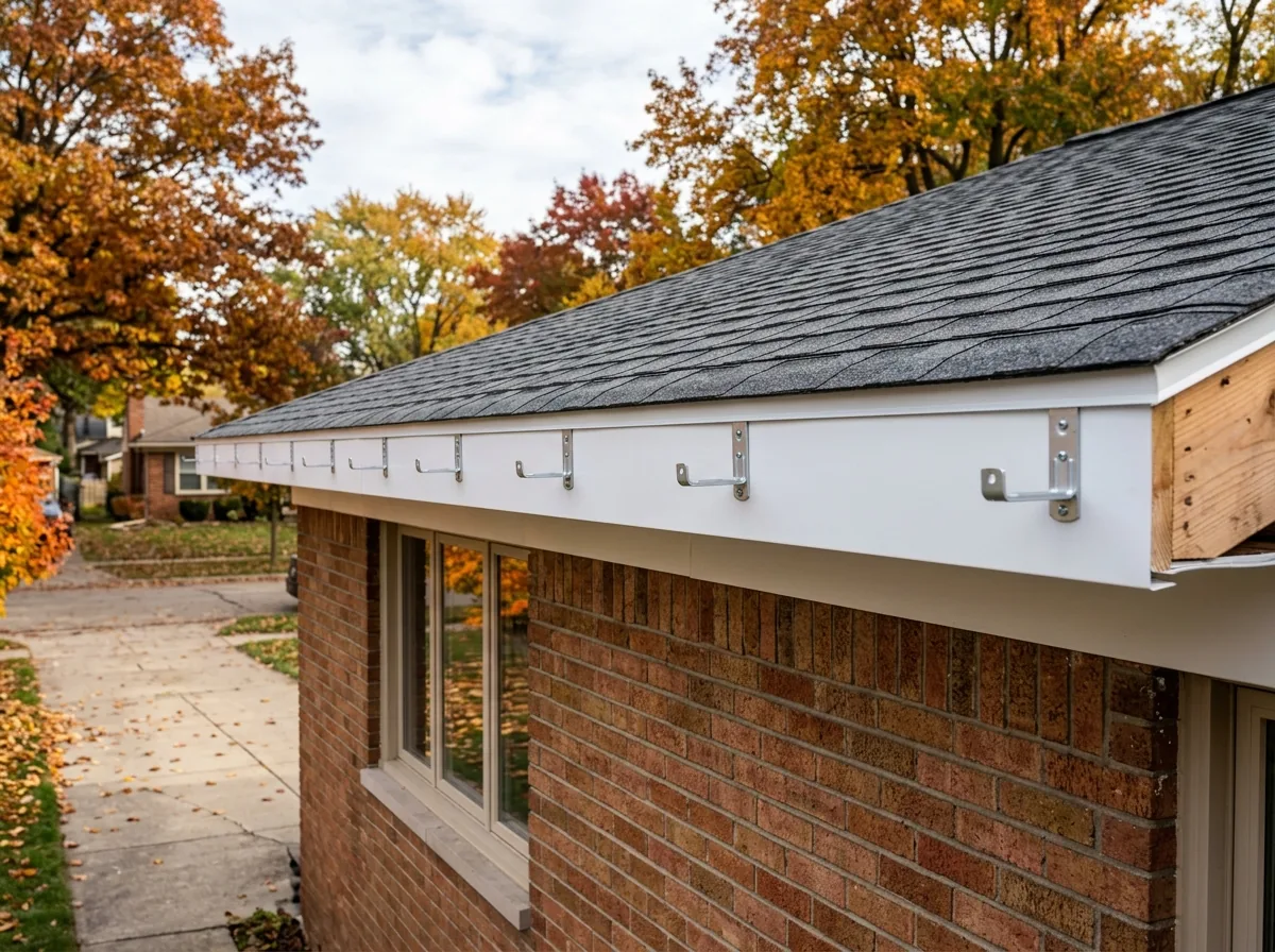 New white-wrapped fascia board with fresh hidden gutter hangers screwed in, ready for the gutter to go back up