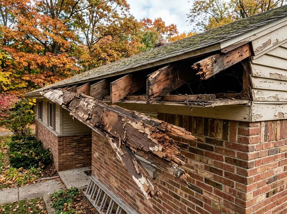 Section of rotted, peeling wood fascia board pried off an eave, with the rafter tails exposed behind it
