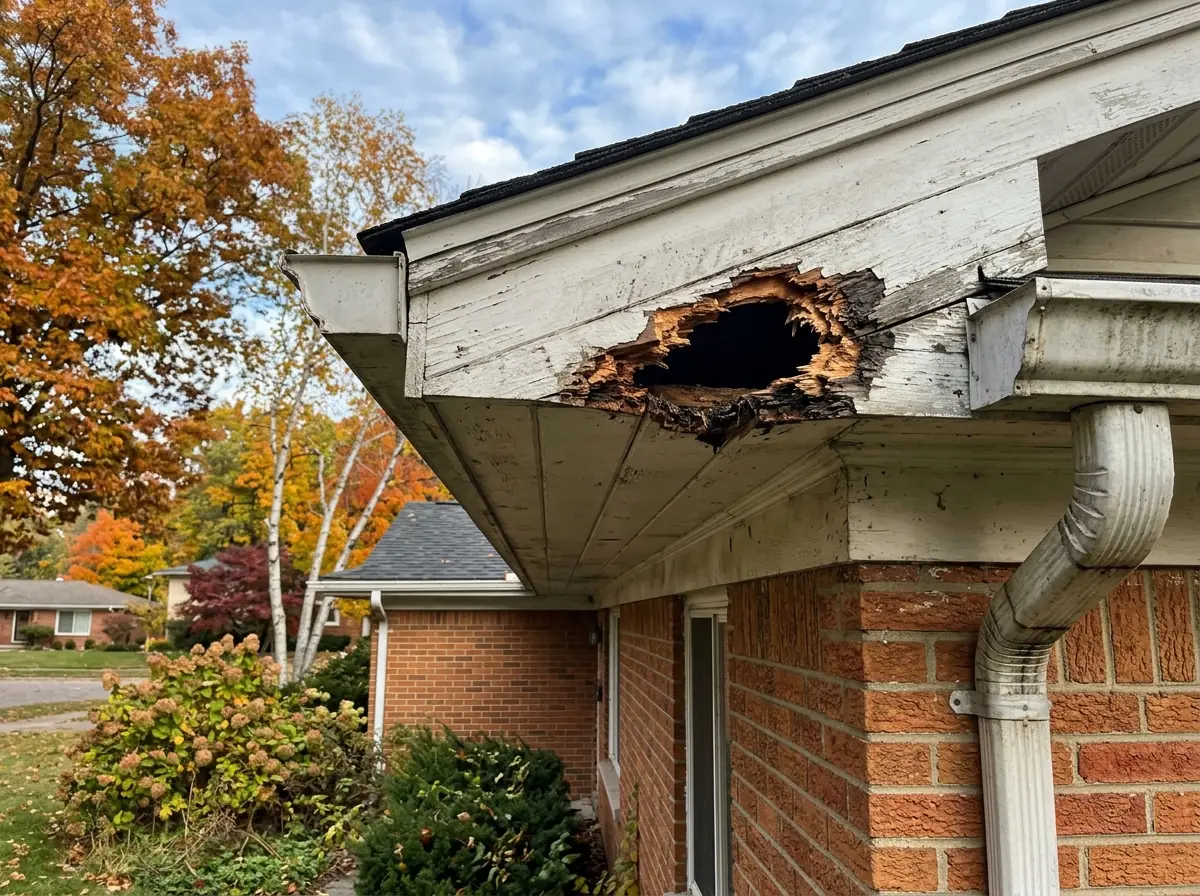 Chewed hole in the corner of a wood soffit where a squirrel got into the attic