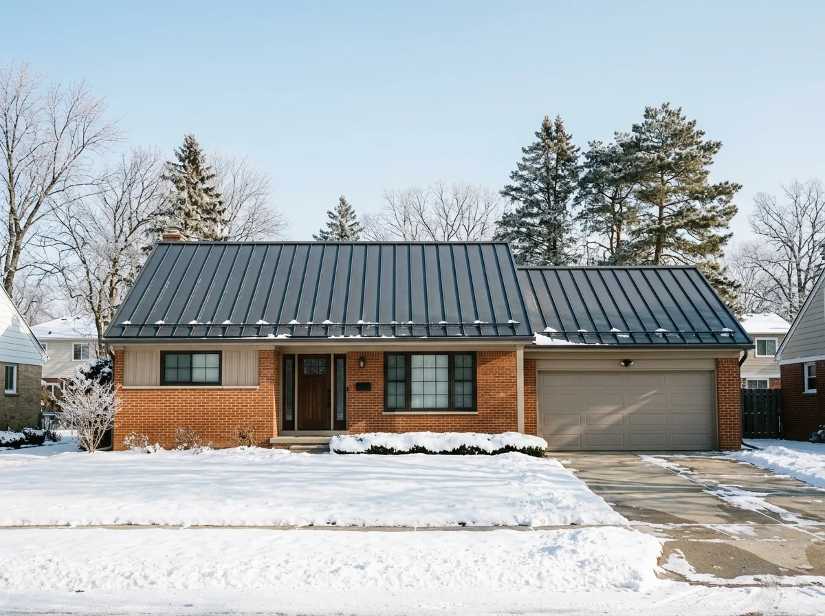 Brick ranch house with a charcoal standing seam metal roof over the house and attached garage, snow on the lawn