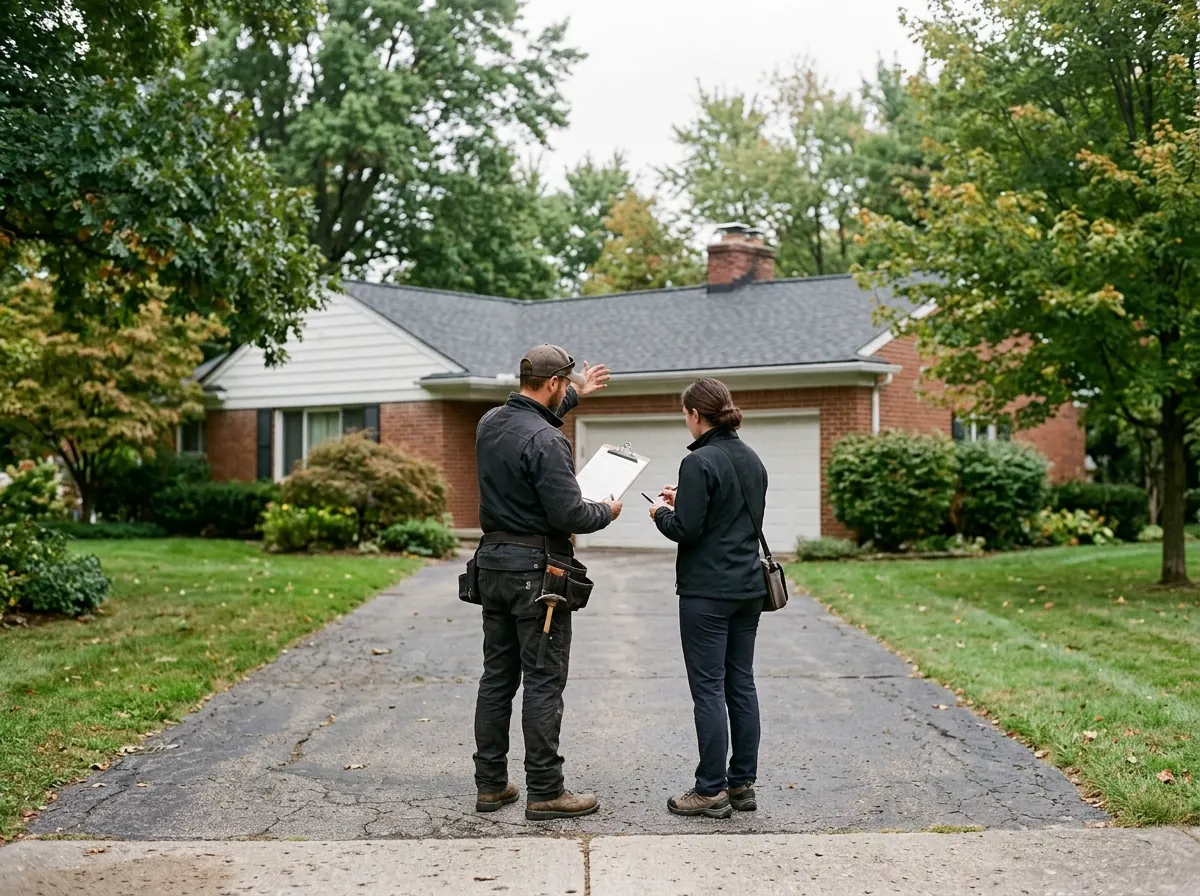 Roofer and insurance adjuster standing on a driveway reviewing a roof report on a clipboard