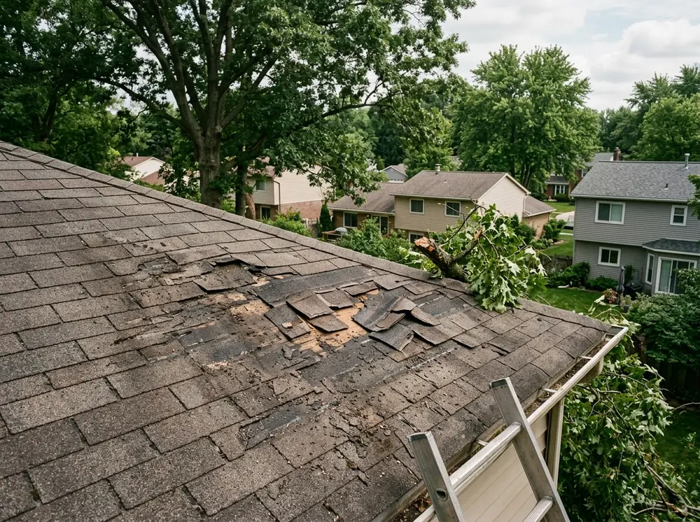 Asphalt shingle roof with scuff marks and broken tabs where a tree branch struck it