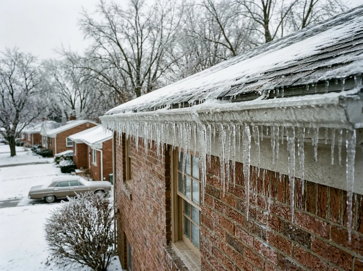 Ice-coated roof edge and gutter with icicles after a freezing rain storm