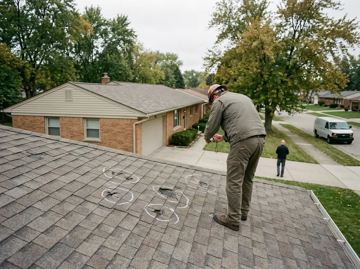 Inspector photographing chalk-circled storm damage on a shingle roof slope