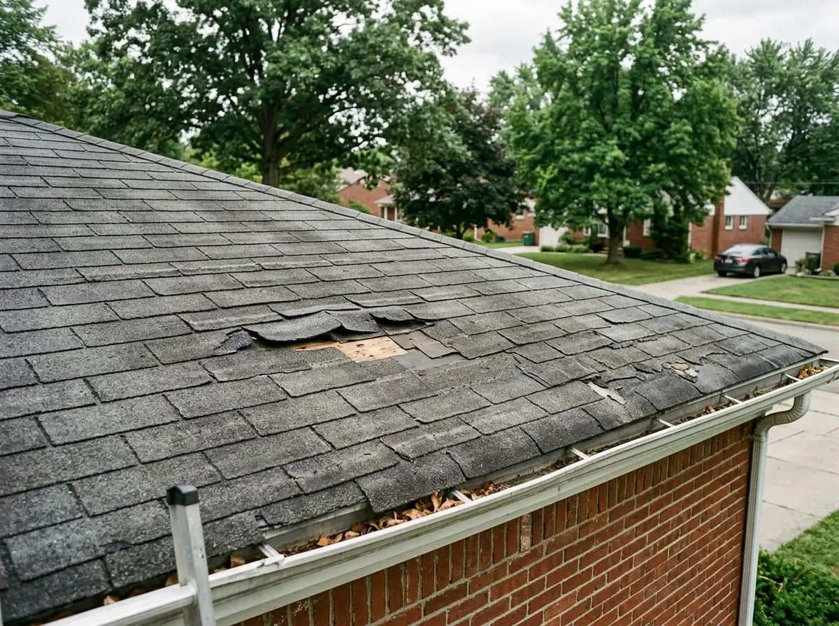 Asphalt shingles with horizontal creases across the tabs and a few missing pieces on a roof slope