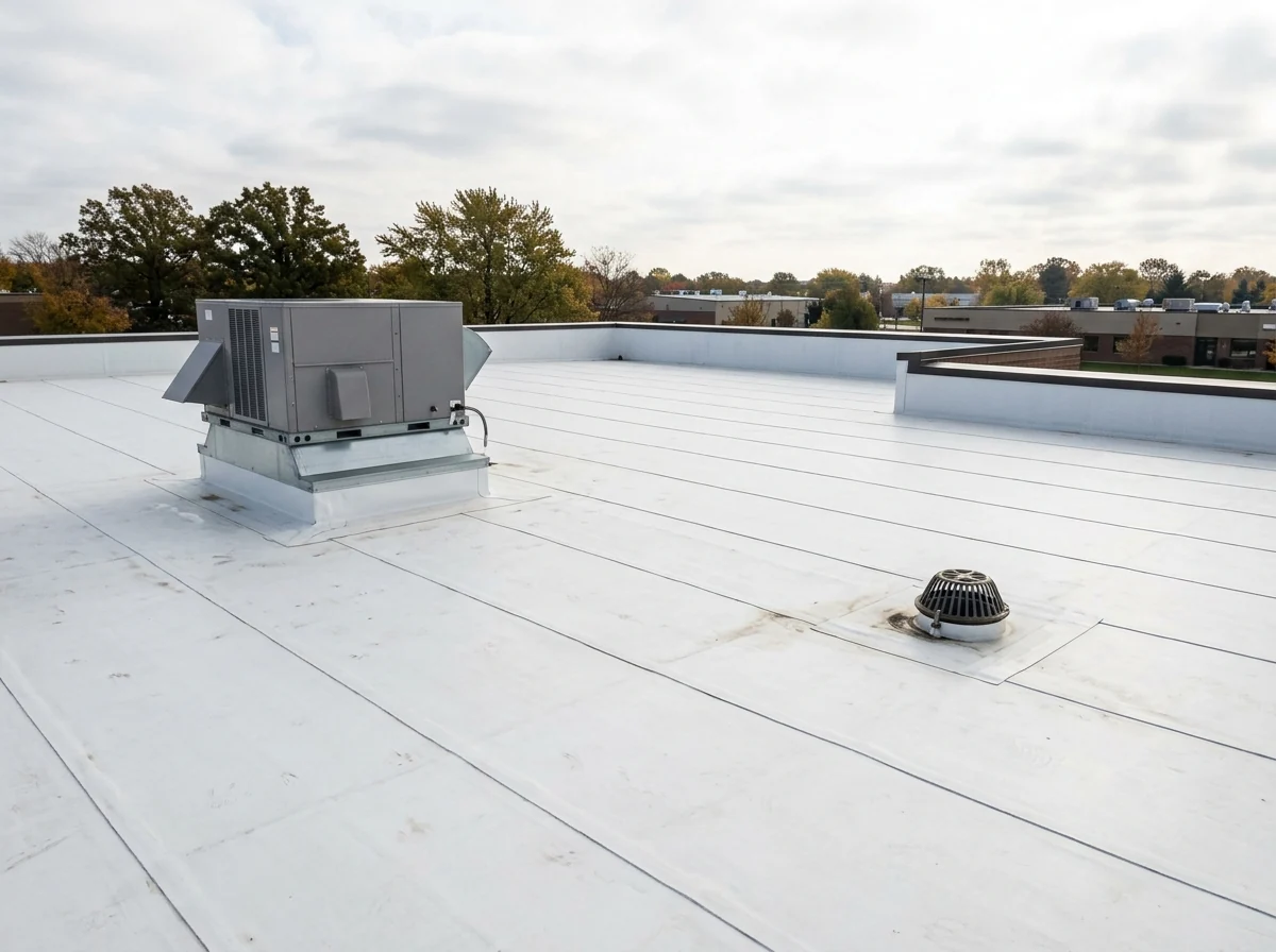 White TPO membrane on a low-slope commercial roof with welded seams, a rooftop HVAC unit and a roof drain